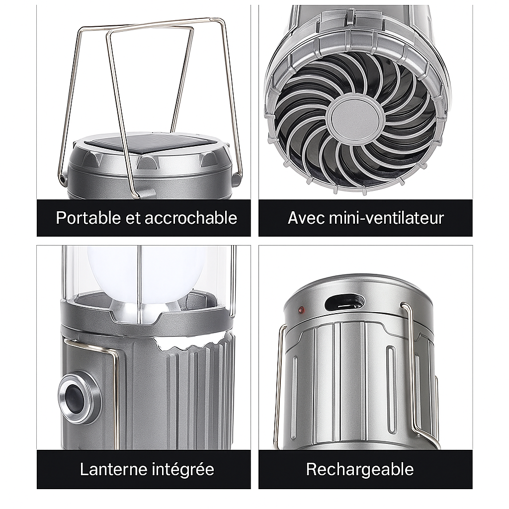 🔦 Lanterne de camping LED 3-en-1 avec ventilateur