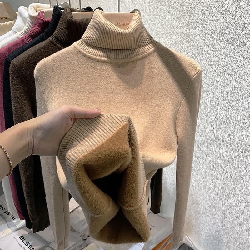 Pull Tricot Doublé Polaire à Col Montant