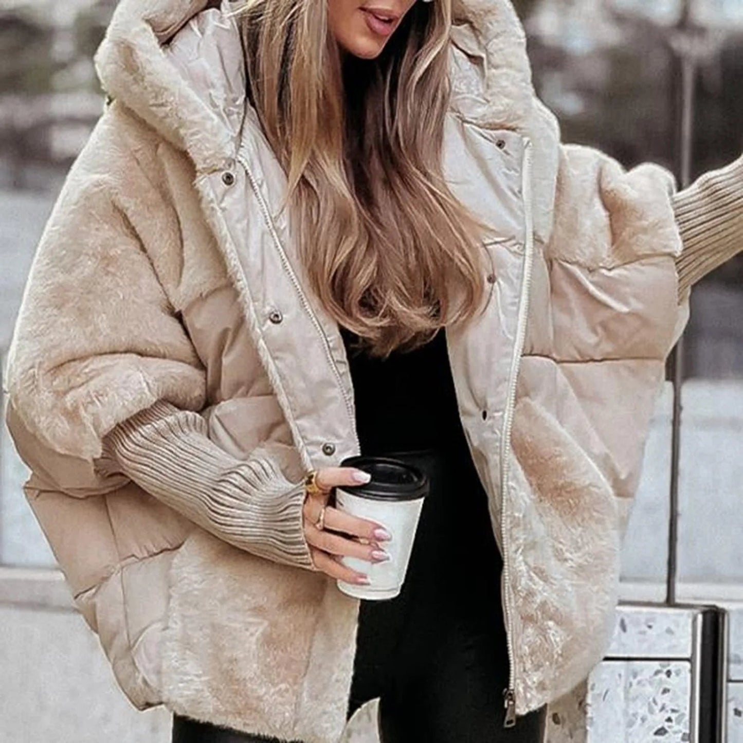 MailleNord™ – Manteau bouffant oversize patchwork | capuche protectrice | poignets côtelés | chaleur légère