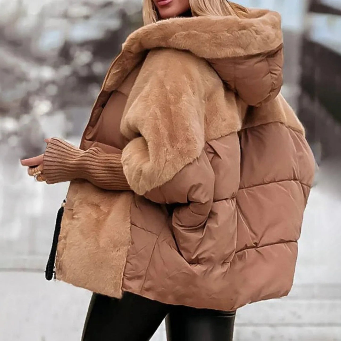 MailleNord™ – Manteau bouffant oversize patchwork | capuche protectrice | poignets côtelés | chaleur légère